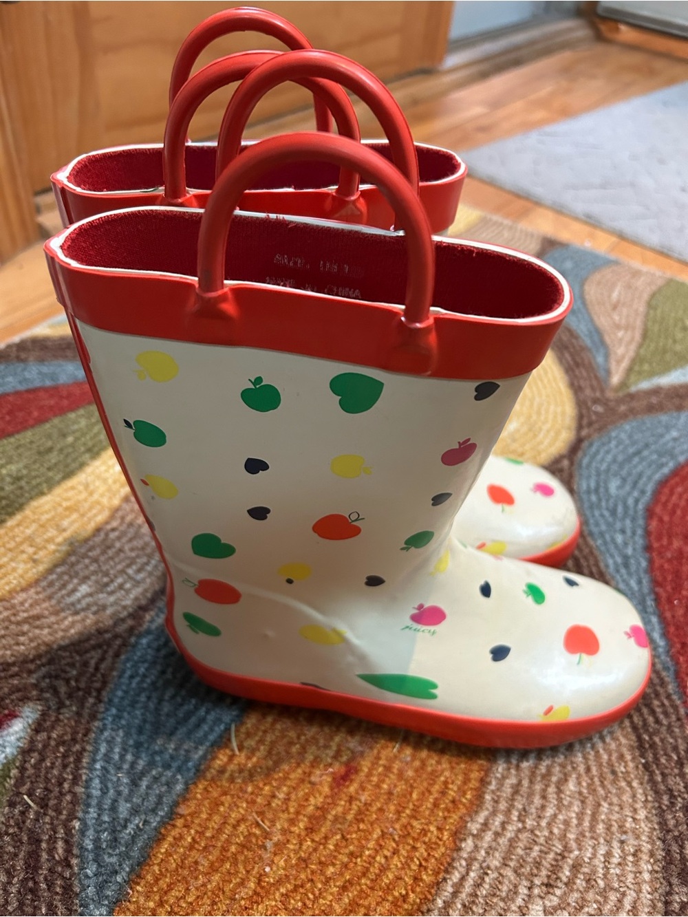 Kids Cream Rain Boots with Colorful Apple Print